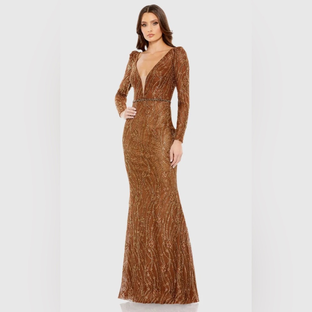 Brown Embellished Long Sleeve Plunge Trumpet Gown. MAC  DUGGAL